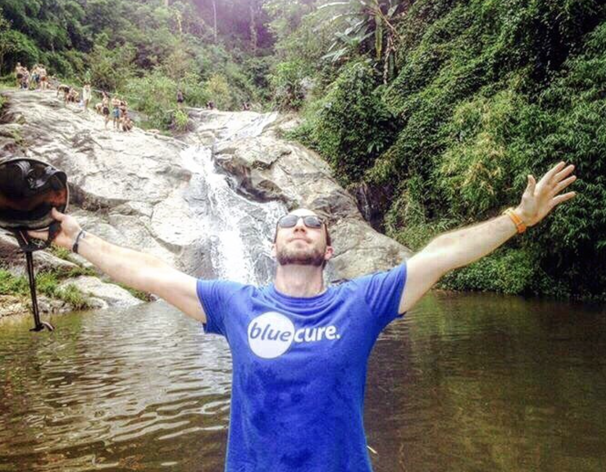Supporter near waterfall