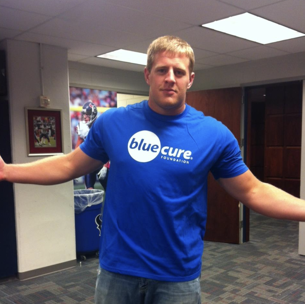 J.J. Watt in Blue Cure shirt